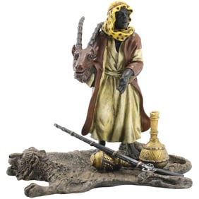 after Bergman Austrian Bronze Arab Hunter on Animal Rug