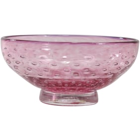 Signed Eben Horton Cranberry Art Glass Controlled Bubble Footed Bowl  6.5 in. diameter
