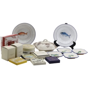 Estate Grouping Assorted Fish Plates, Bowls, Covered Tureen, Coasters, Items in Boxes SEE PICTURES