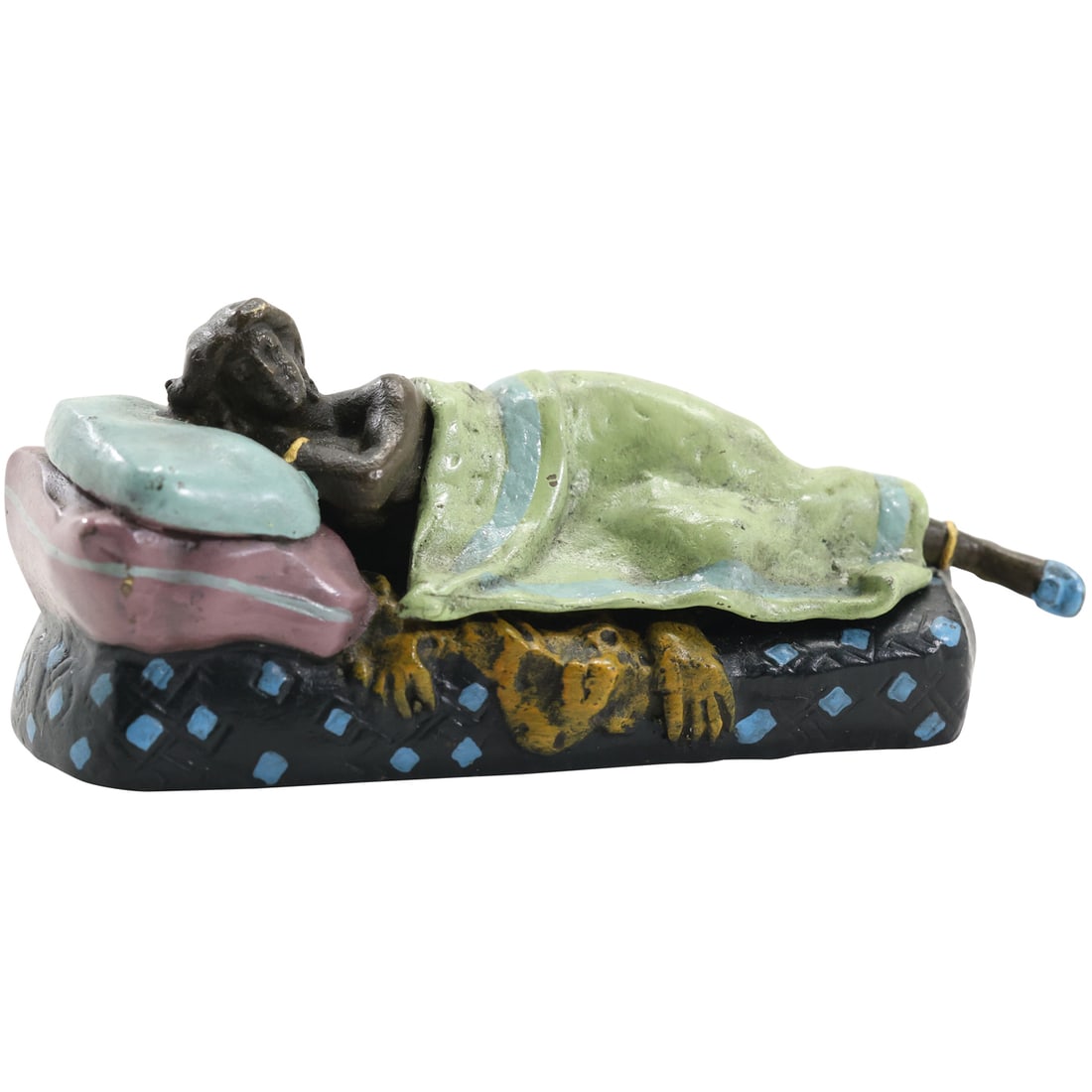 after Bergman, Sleeping Woman on Daybed, Removable Blanket Exposes Nude Body, 4 in. length: after Bergman, Sleeping Woman on Daybed, Removable Blanket Exposes Nude Body, 4 in. length. Vienna Bronze, Bears Signature, Good Polychrome Patina. size: 1.5 h 4 w