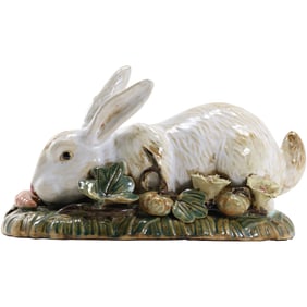 Majolica Art Pottery Bunny Rabbit Flower Vine Centerpiece Sculpture 12 in. length