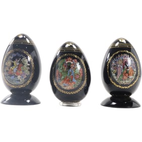 3 Assorted Russian Hand Decorated Lacquered Eggs, Artist Signed, 5 in. height