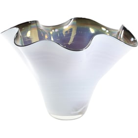 Dan Bergsma Hand-blown Art Glass Vase, White Exterior ith Iridescent Cyan to Violet Interior