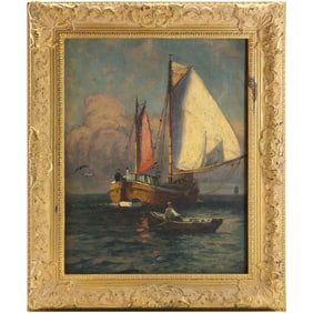 Paul Jean Clays (1819 - 1900 Belgium], Oil Painting on Canvas Laid on Board  Sailboat on Sea