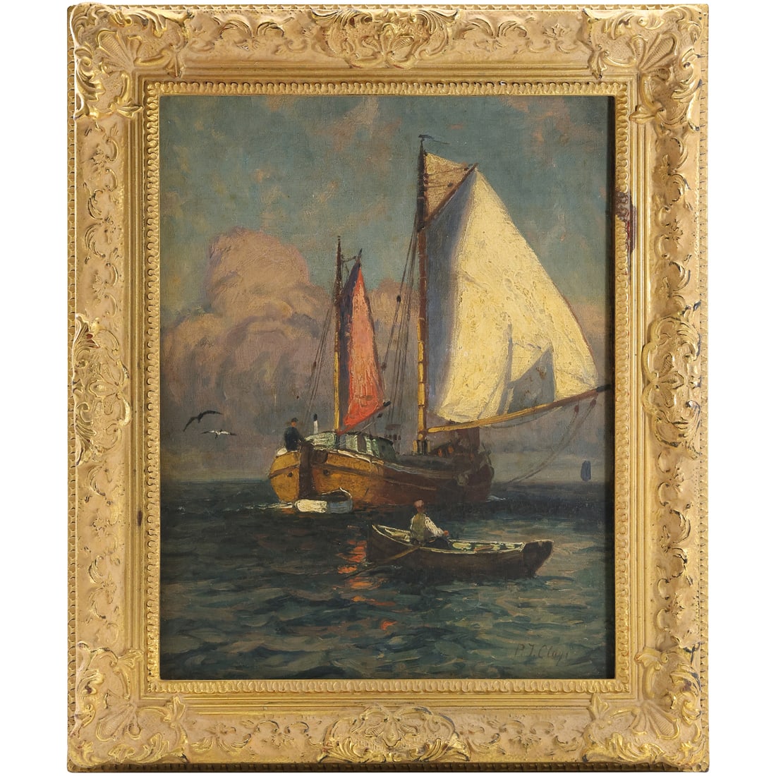 Paul Jean Clays (1819 - 1900 Belgium], Oil Painting on Canvas Laid on Board  Sailboat on Sea (1 of 15)