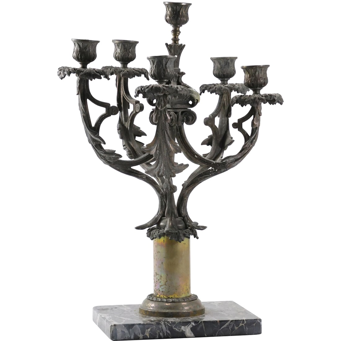19th C. French Empire Bronze Candleabra, Column to Marble Base 17.5 in. height x 12 in. wide: 19th C. French Empire Bronze Candleabra, Column to Marble Base 17.5 in. height x 12 in. wide. size: 17.5 h 12 w