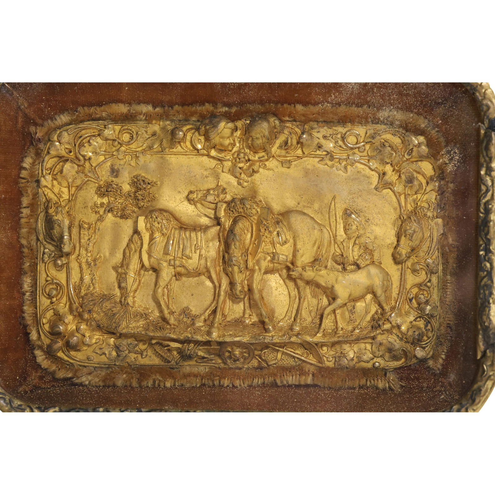 18th C. Carved Wood Plaque Repousse Scene Herder with Horses, Gold Gilt Patina 8 in. x 10 in. (1 of 16)