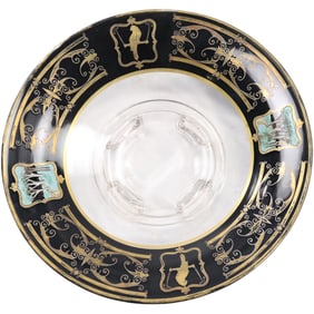 1920s Art Deco Glass and Enameled Decoration Footed Bowl 10.5 inches diameter