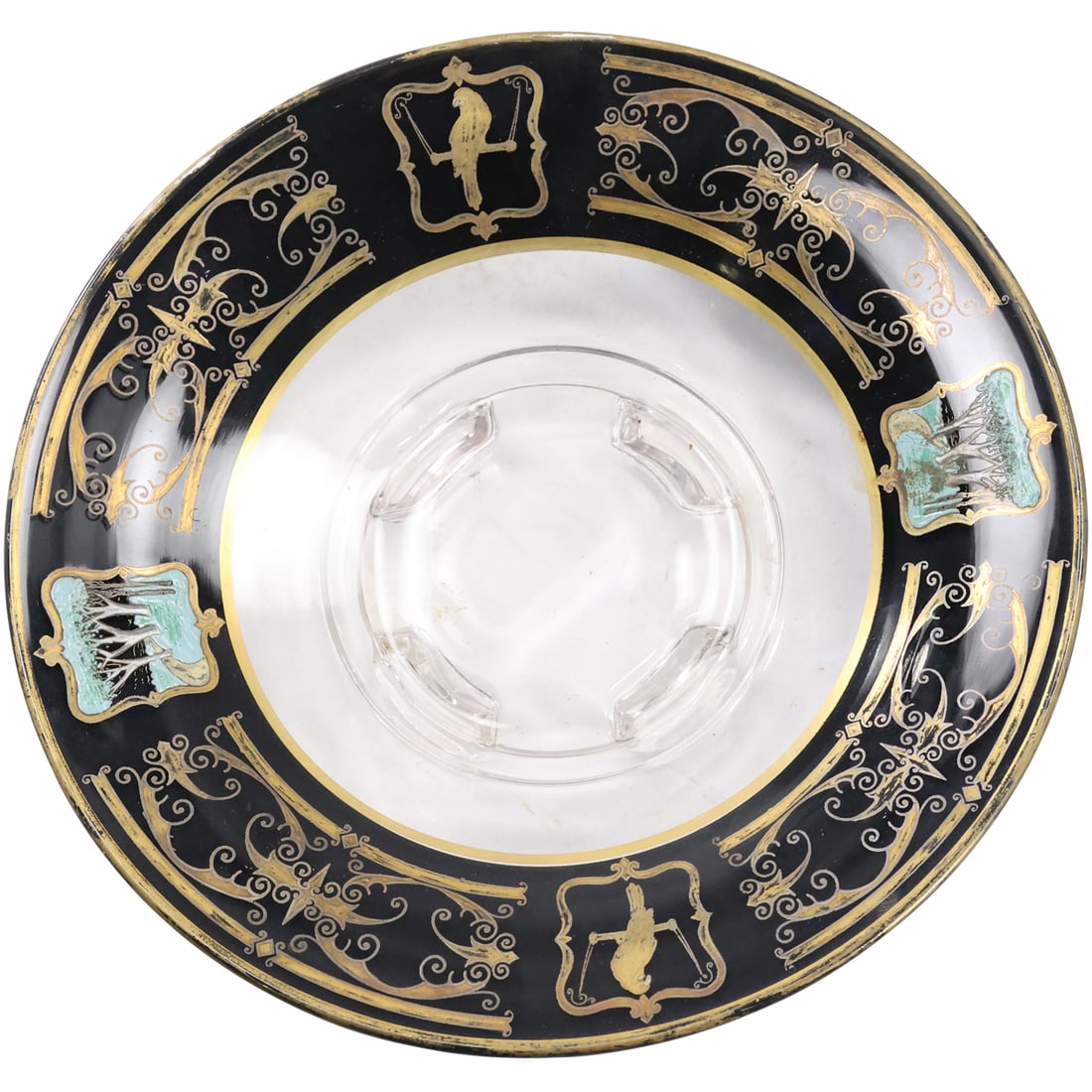 1920s Art Deco Glass and Enameled Decoration Footed Bowl 10.5 inches diameter: 1920s Art Deco Glass and Enameled Decoration Footed Bowl 10.5 inches diameter. size: 10.5 w