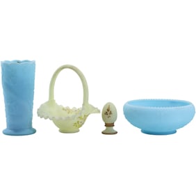 4 Assorted Signed FENTON Glass Vase, Basket, Egg and Bowl