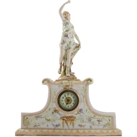 Fine Quality 19th C. French Porcelain Mantle Clock with Standing Maiden Atop, Hand Painted Flowers