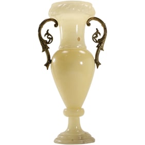 French Alabaster 2-Part Urn with Metal Handles 19 inches height x 9 in. wide