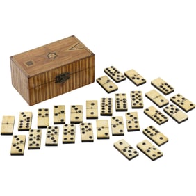 Antique Game Dominos with an Antique Inlaid Wooden Box