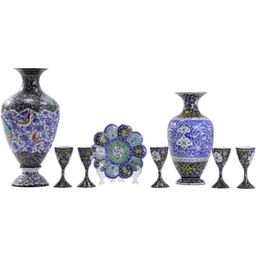 8 Pieces Hand Decorated Esfahazand Porcelain Ceramic 2 Vases, Plate, 5 Cordials
