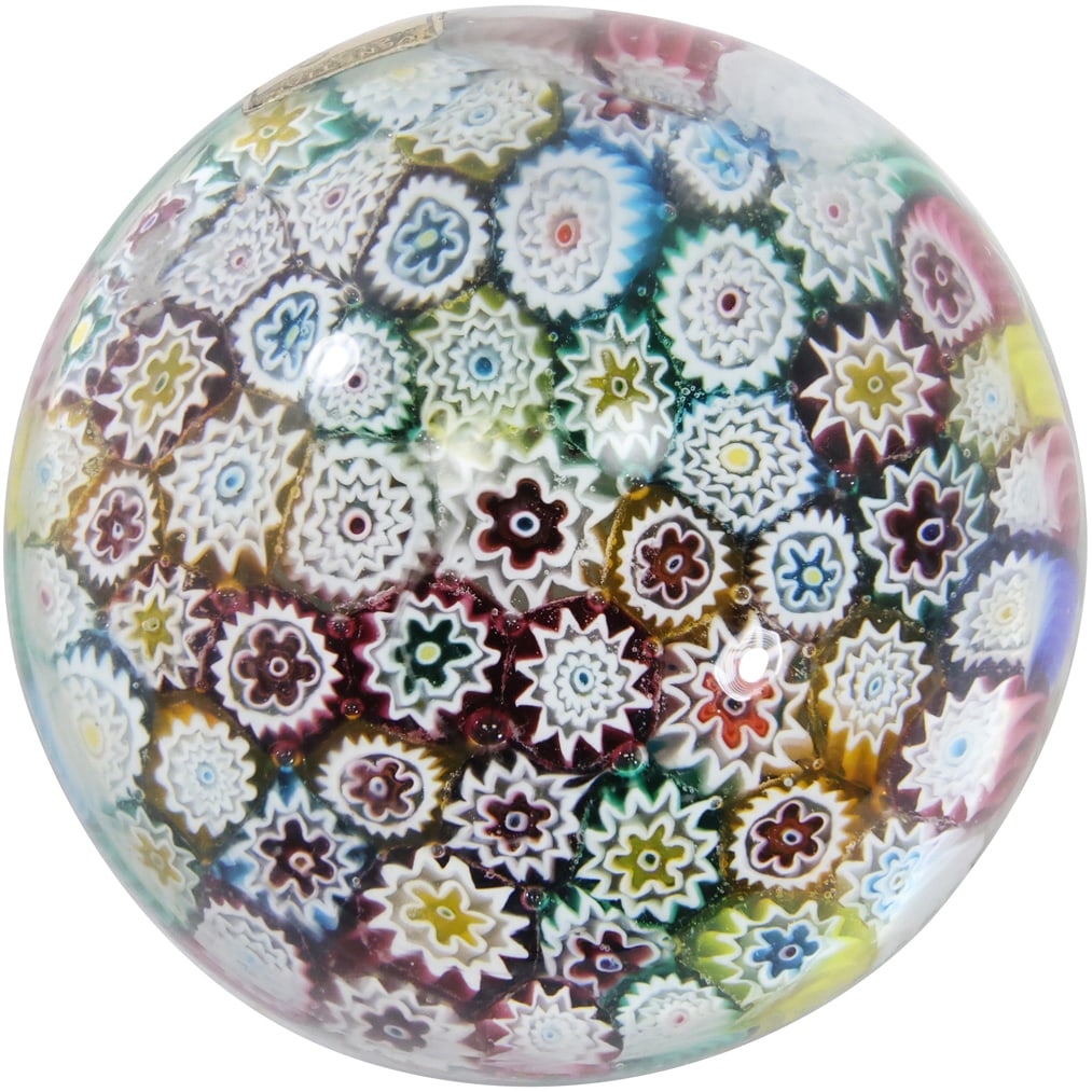 Murano Italian Art Glass Millefiori Paperweight with Labels 2.75 in. dia.: Murano Italian Art Glass Millefiori Paperweight with Labels 2.75 in. dia. size: 2.75 w