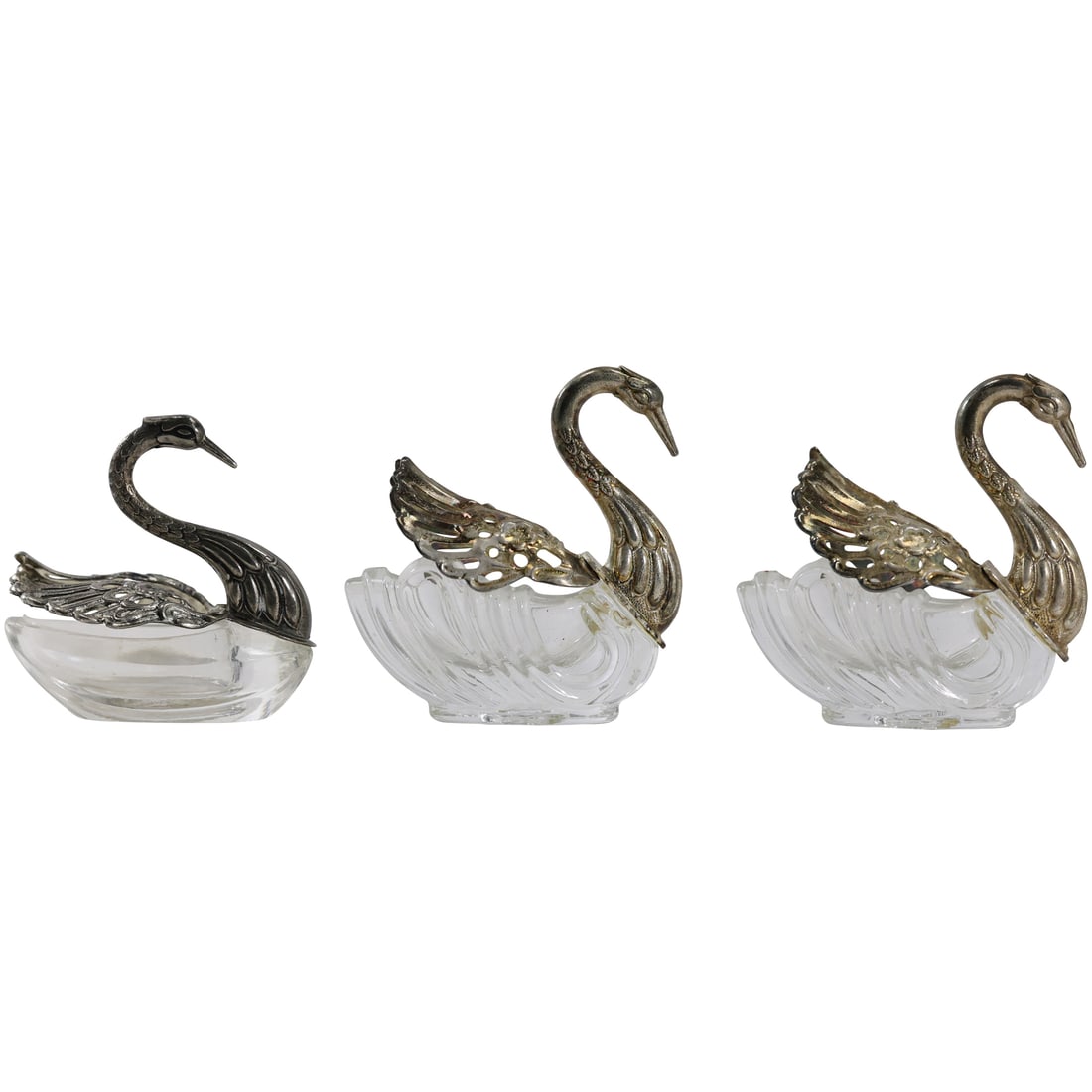 Vintage Set of 3 Silver Plated and Glass Swan Hinged Wings Salt Cellars (1 of 19)