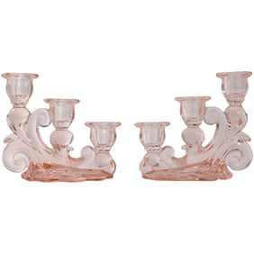 Pair Cambridge Pink Glass " Caprice" 3 light Candle Holders 6 in. height x 7 in length