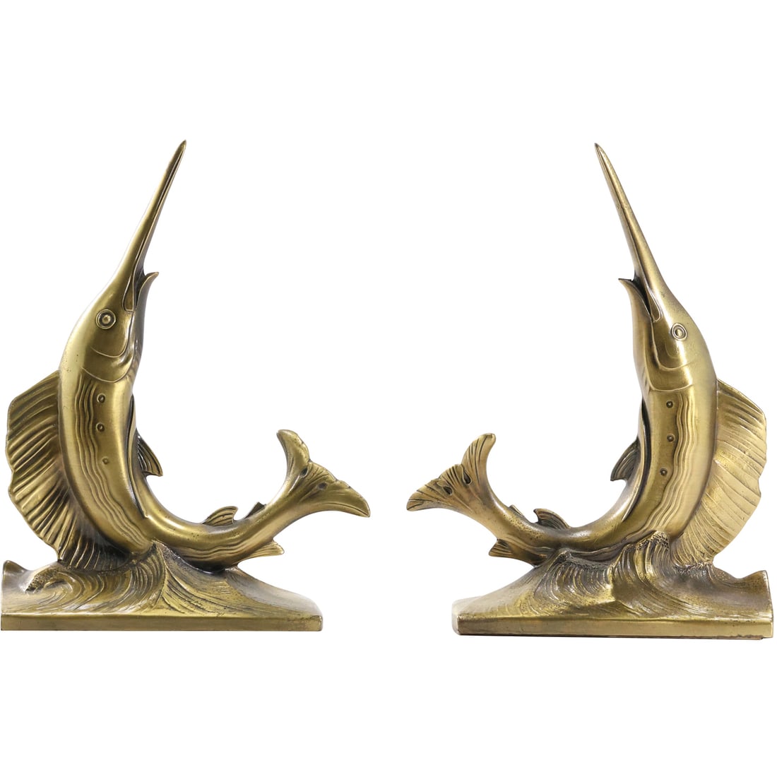Vintage Marlin Fishing Bookends Philadelphia Cast Metal Brass Color, Good Patina 8 in. height: Vintage Marlin Fishing Bookends Philadelphia Cast Metal Brass Color, Good Patina 8 in. height. size: 8 h , 5.25w