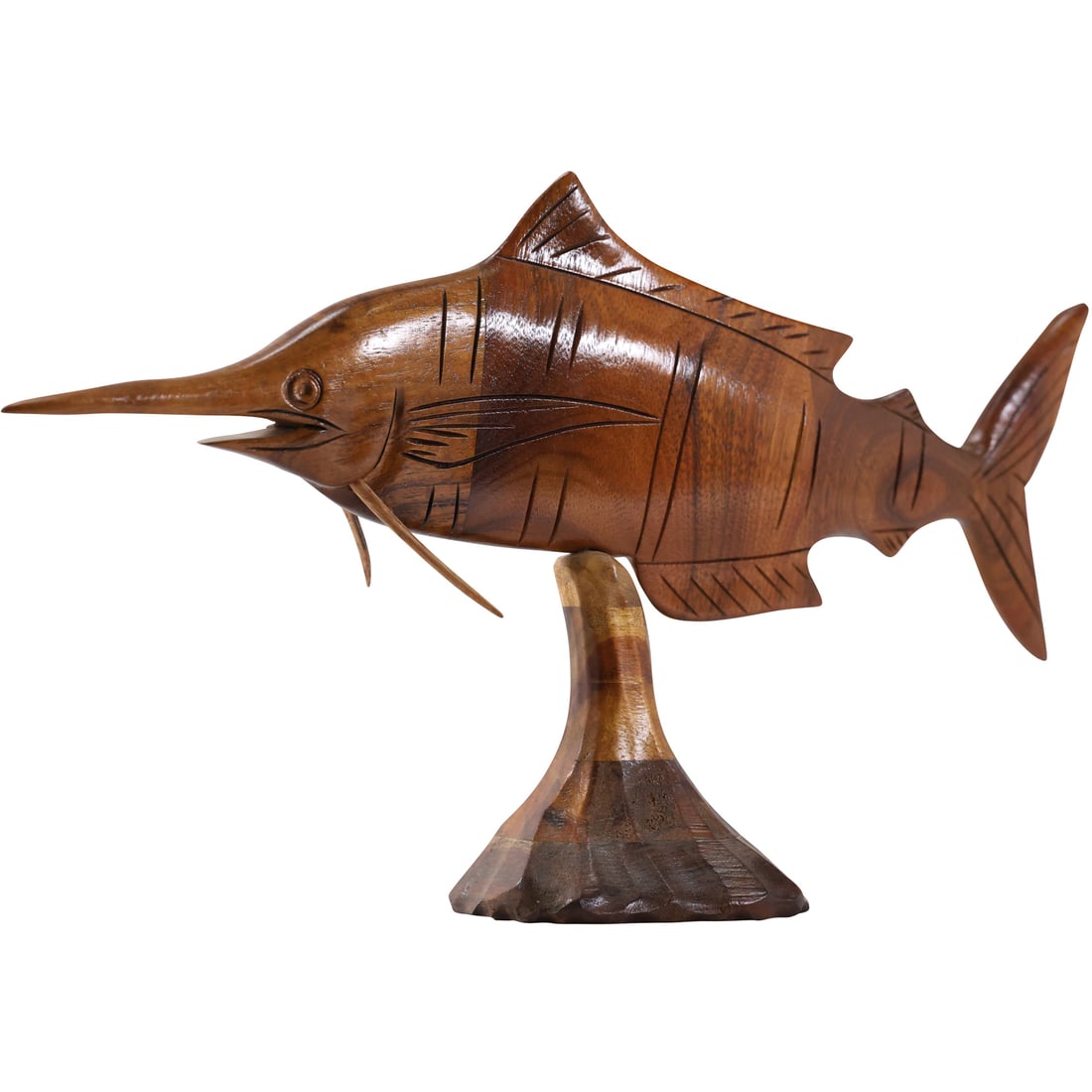 Hand Carved Swordfish on Stand, Hawaii, Koa Wood by Kahawai, 10 in. height x 17 in. length (1 of 12)