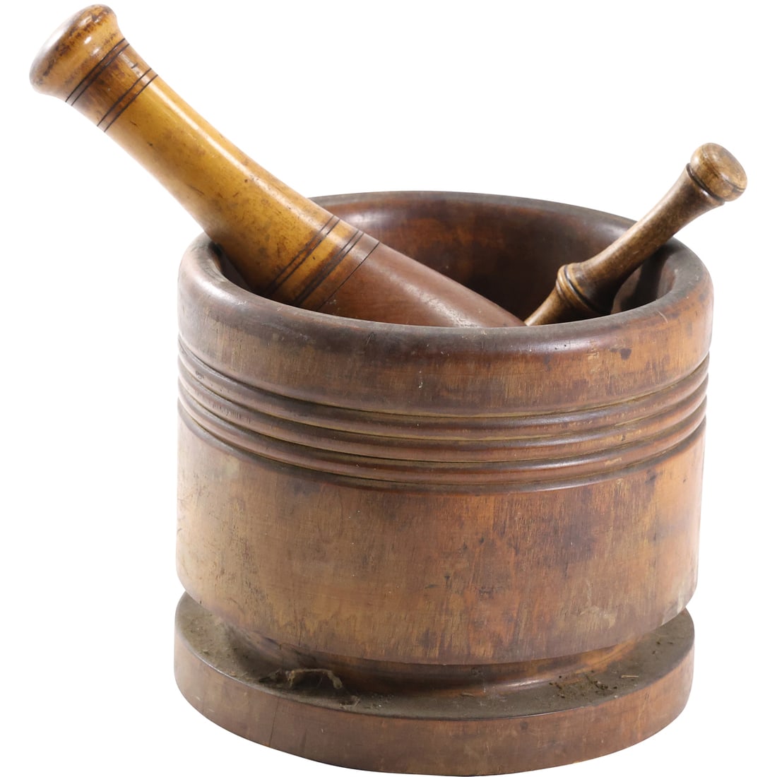 1800s Turned Wood MORTAR AND 2 PESTLES, 7 in. height x 8.25 in. wide: 1800s Turned Wood MORTAR AND 2 PESTLES, 7 in. height x 8.25 in. wide. size: 7 h 8.25 w bowl, largest mallet is 10 h