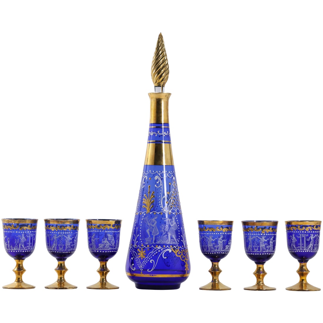 Fabulous Italian Fancy Decorated Cobalt Blue Decanter with Roman Figures, 6 Matching Cordials: Fabulous Italian Fancy Decorated Cobalt Blue Decanter with Roman Figures, 6 Matching Cordials. size: 15 in. and 4 in. inches in height