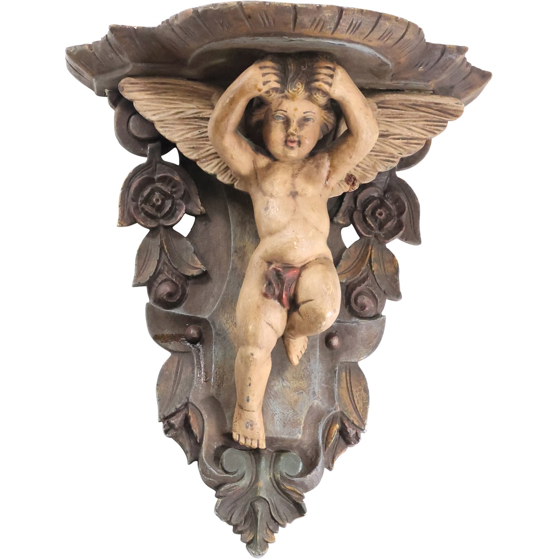 Polychrome Carved Wood Ornate Putti Cherub Wall Bracket Shelf, 16 in. x 14 in. (1 of 17)