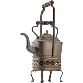 Antique Brass Tea Kettle on Brass Footed Warming Base, 21.5 inches height x 12 in. wide
