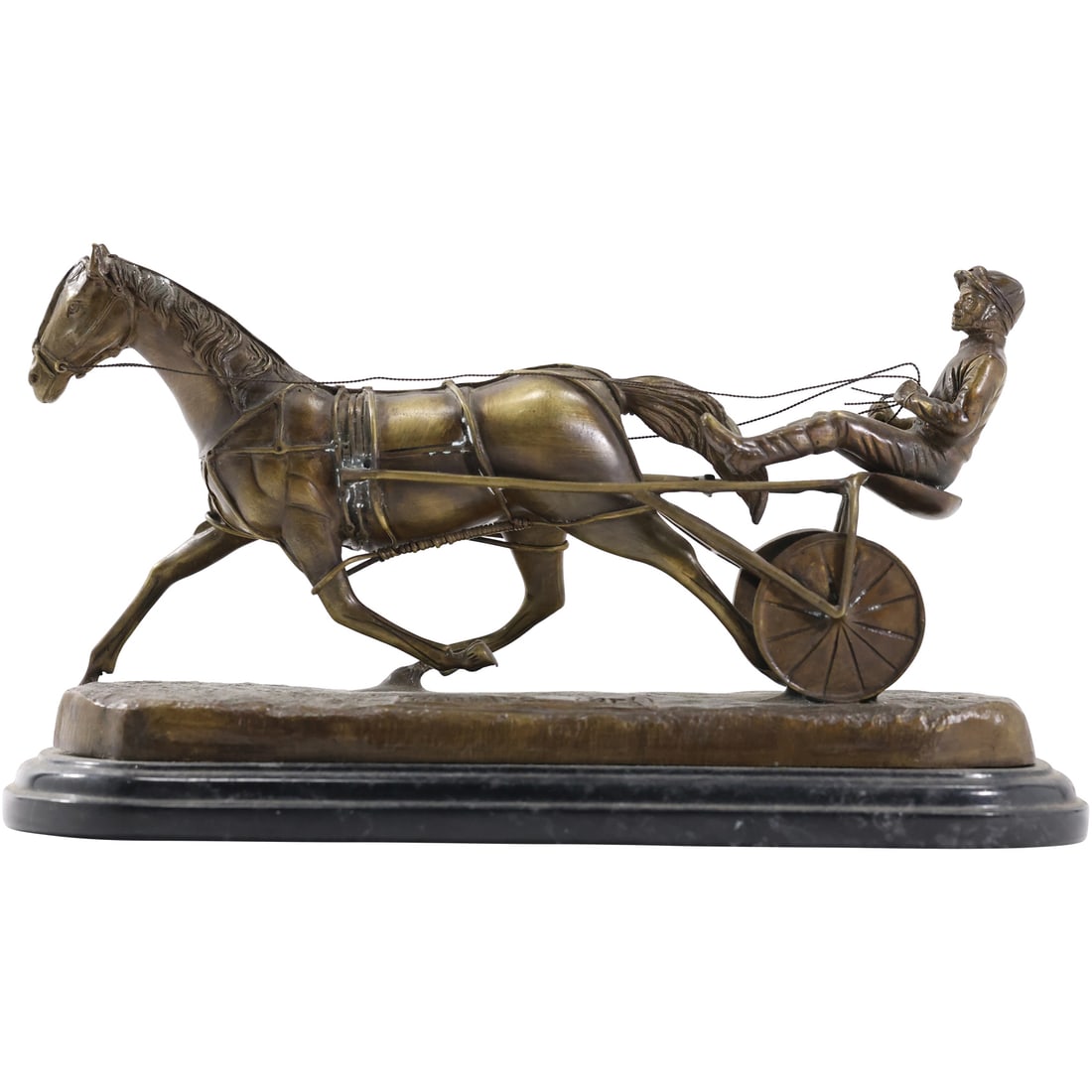 Delaware Park BRONZE HORSE STATUE Jockey Driver/Sulky/Trotter, 12 in. length: Delaware Park BRONZE HORSE STATUE Jockey Driver/Sulky/Trotter, 12 in. length. size: 6.5 h 12 w
