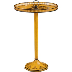 Metal Toleware Round Top Yellow Stand on Pedestal Base, Courting Scene on Top, 27 in. height