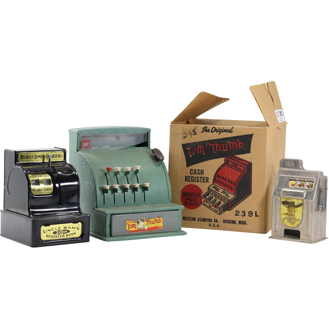 [3] Tin Toy Cash Registers Uncle Sam, Tom Thumb with box and Metal Toy Slot Machine (1 of 20)