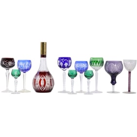 11 Assorted Bohemian Glass Cut to Clear Various Colors Decanter and 10 Odd Stemware SEE PICTURES