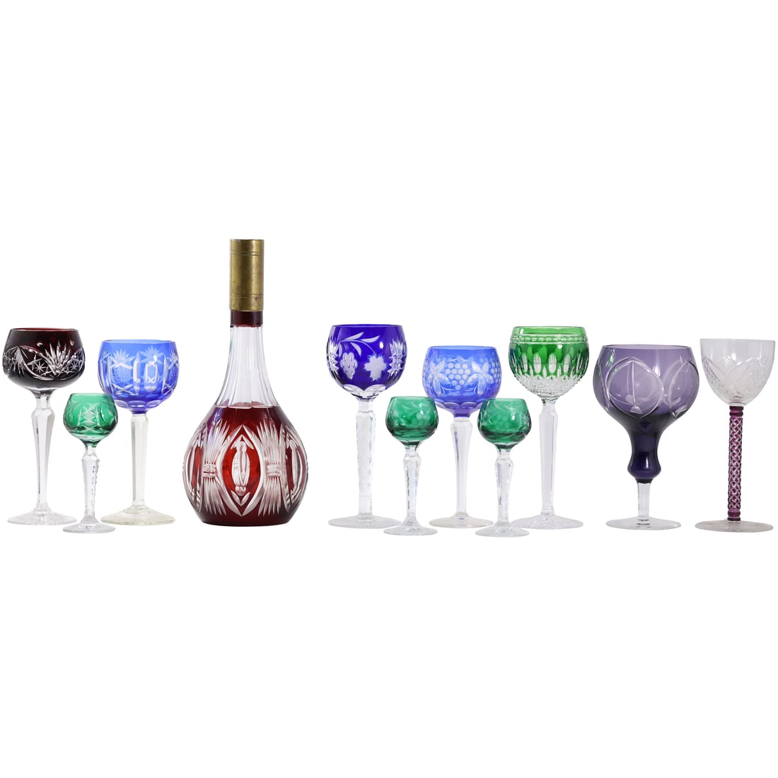 11 Assorted Bohemian Glass Cut to Clear Various Colors Decanter and 10 Odd Stemware SEE PICTURES (1 of 20)