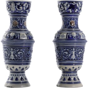 Pair Antique 1800s Westerwald German Salt-Glaze Stoneware Large Cobalt Vases 12.75 in. height