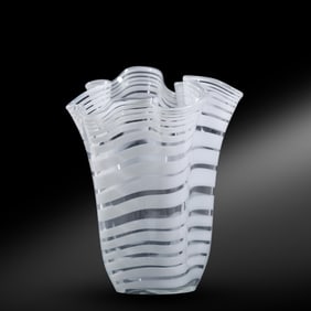 White Wave Pattern Art Glass Ruffled Vase 11.5 in. height x 9.5 in. wide, Mid-Century Modern