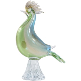 Vintage Mid-Century Modern Murano Art Glass Rooster Sculpture Multicolor with Gold Dust 9.75 in.