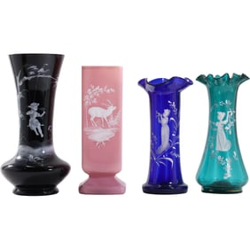 4 Assorted Antique MARY GREGORY Glass Vases each a different color, Sizes 8 in. to 9.5 in.