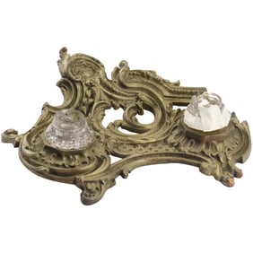 Circa 1890 Bronze Art Nouveau Desk Top Double Inkwell, Glass Wells