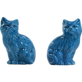 Pair Vintage Turquoise Glazed Porcelain Cats Figures Statues,  5 in. height x 4 in. wide
