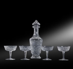 4 WATERFORD ALANA Saucer Champagne Glasses and Crystal Glass Liquor Decanter
