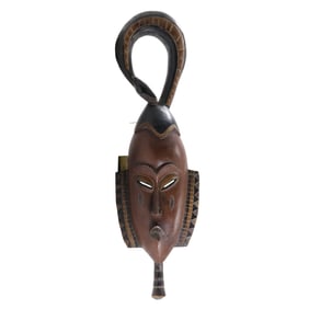 Vintage Carved Wood African Ceremonial Mask with Snake Top Above Face 25 in. length