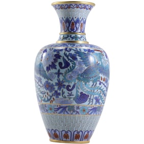 Fine Quality Blue Cloisonne Vase with Phoenix Bird and Intricate Designs 10.25 in. height x 5 in. w.