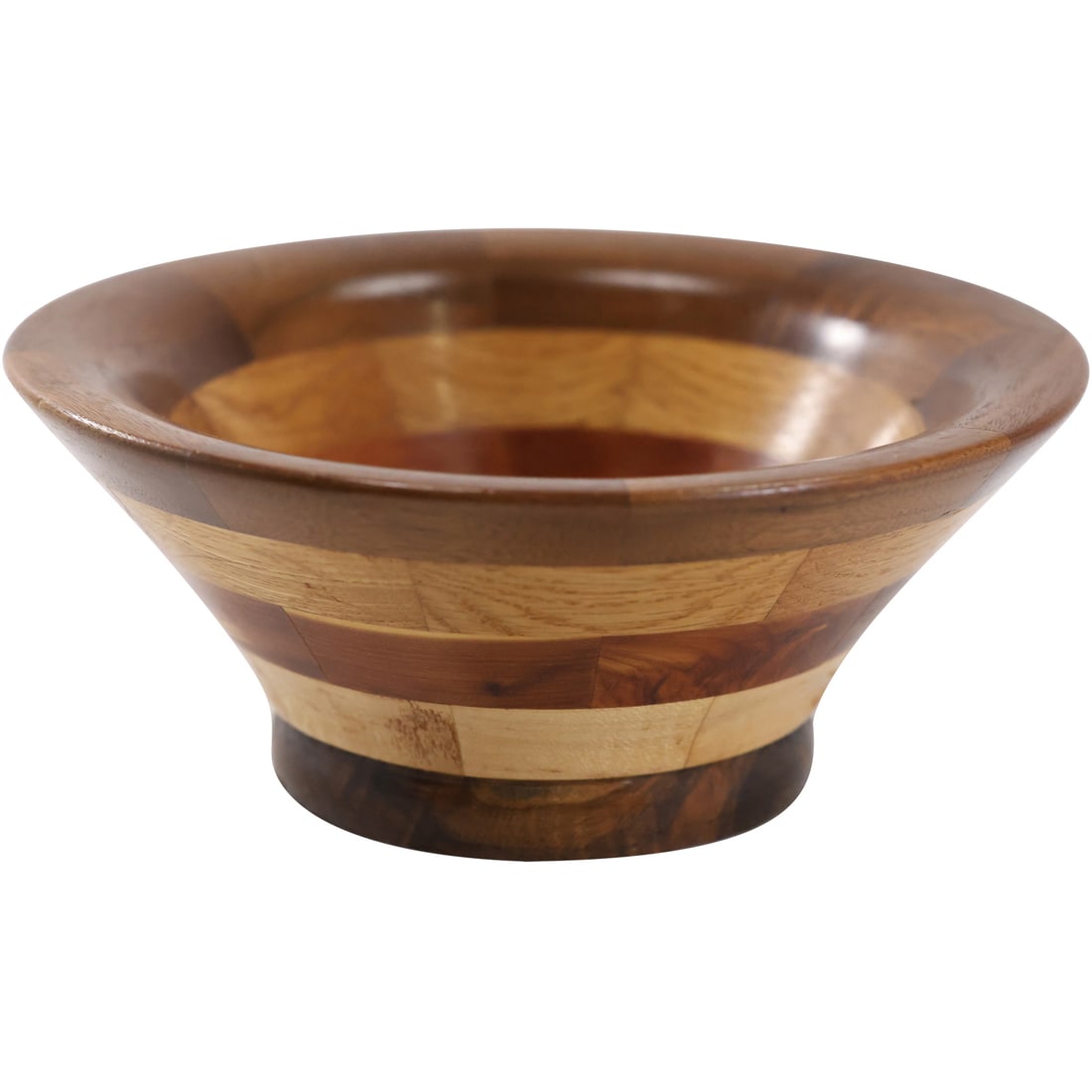 Signed D Storey, Polished Wooden Bowl in Walnut, Cedar, Oak and Maple, 9.25 in. diameter: Signed D Storey, Polished Wooden Bowl in Walnut, Cedar, Oak and Maple, 9.25 in. diameter. size: 4 h 9.25 w