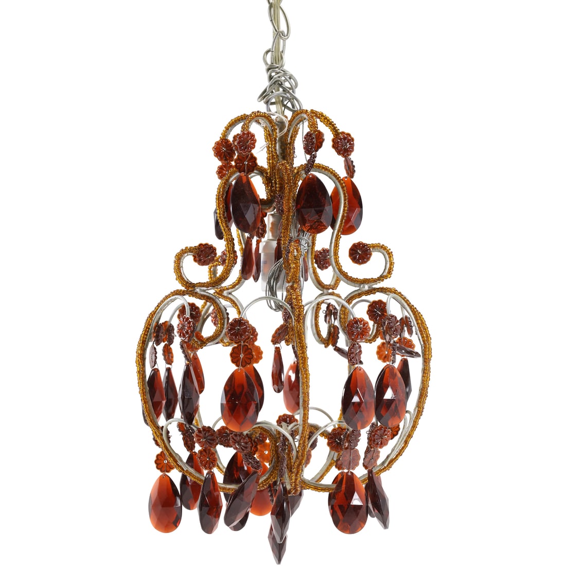 Pair Hollywood Regency Hanging Fixtures Red Crystal Prisms, Red Beaded Work 14 in. x 10 in. (1 of 17)