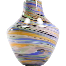 Mid-Century Modern Striped Swirl Art Glass Vase Multi Colors 9 in. height x 7 in. wide