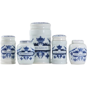 5 Assorted DELT HOLLAND Porcelain APOTHECARY JARS - Blue & White - Various Sizes