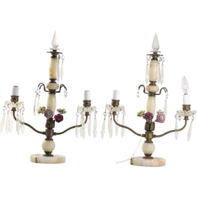Pair Antique French 3-Light Table Lamps Onyx Posts and Base, Porcelain Floers, Crystal Prisms