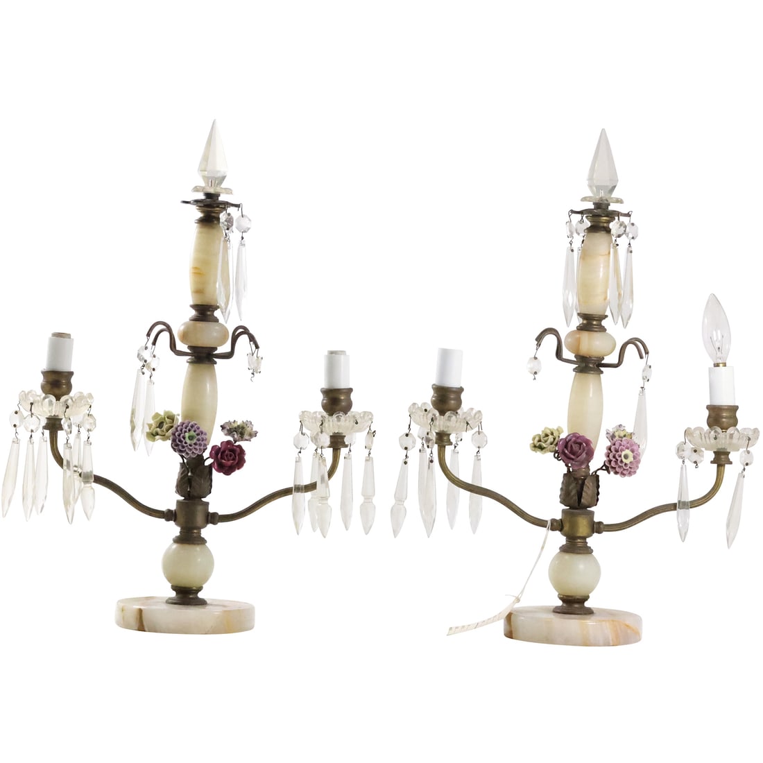 Pair Antique French 3-Light Table Lamps Onyx Posts and Base, Porcelain Floers, Crystal Prisms (1 of 19)