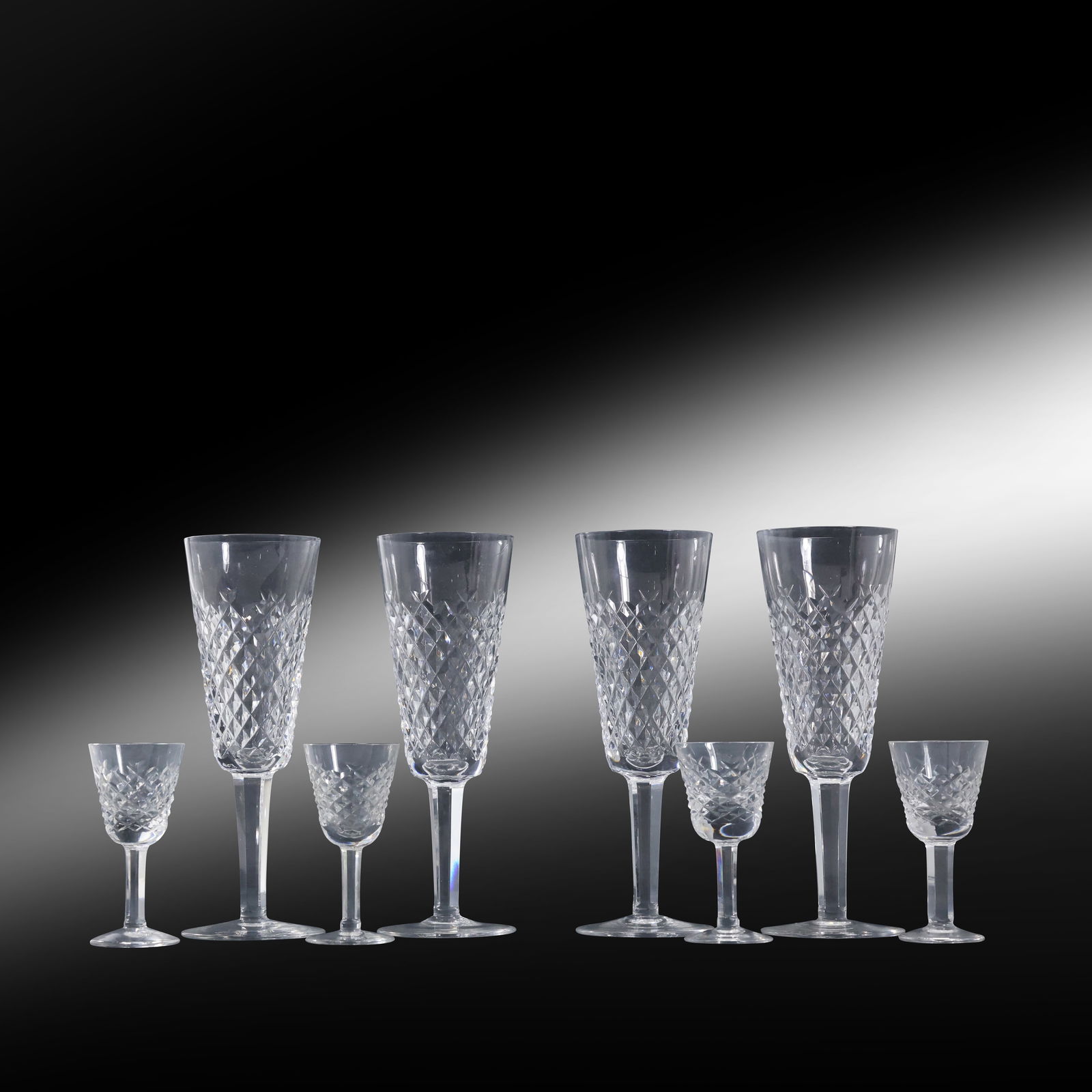 2 Sets of 4 Waterford Crystal Alana Champagne Flutes and Waterford Crystal Alana Cordials: 2 Sets of 4 Waterford Crystal Alana Champagne Flutes and Waterford Crystal Alana Cordials. size: 3.5 h and 7.25 h
