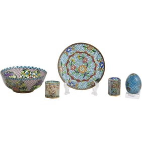 5 Assorted Antique Chinese "Plique a Jour " Floral Enamel Brass Bowl, Jars, Plate, Egg