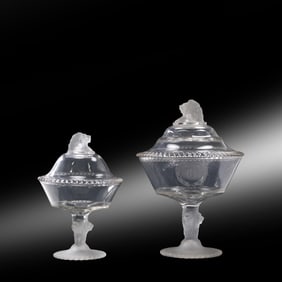 2 Gillinder & Sons Frosted Lion Head Covered Glass Compotes 1880s, 13.5 in. and 9.5 in. heights